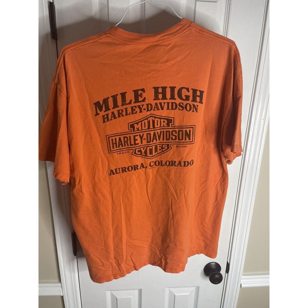 Harley Davidson Mile High Aurora Colorado T-Shirt Size XL Orange Shield Logo